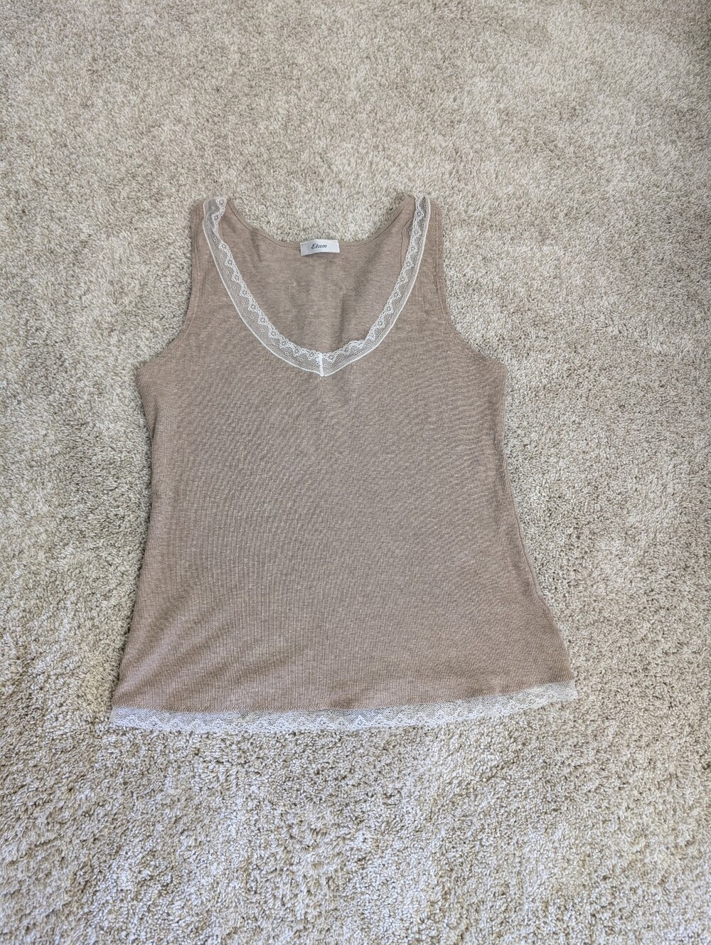 Etam Taupe Ribbed Lace-Trim Camisole - Size 42